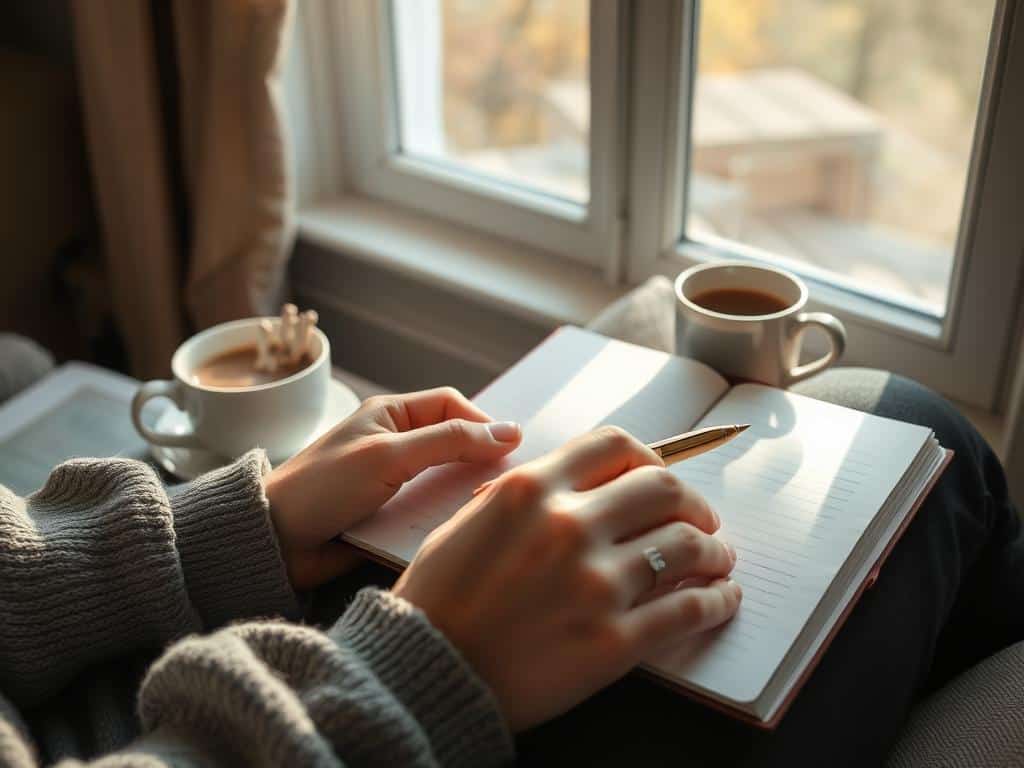 Person journaling with a cup of tea as part of their 10-minute morning routine