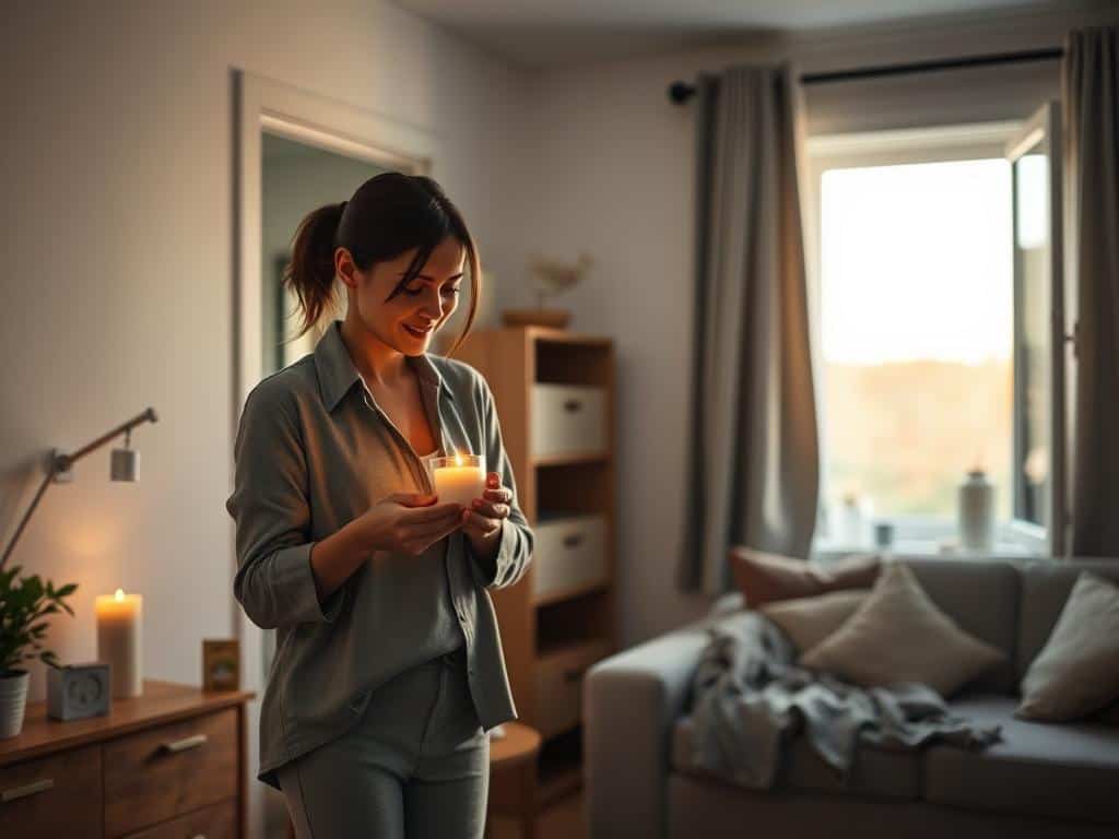 Person lighting a candle and changing into comfortable clothes after work for self-care