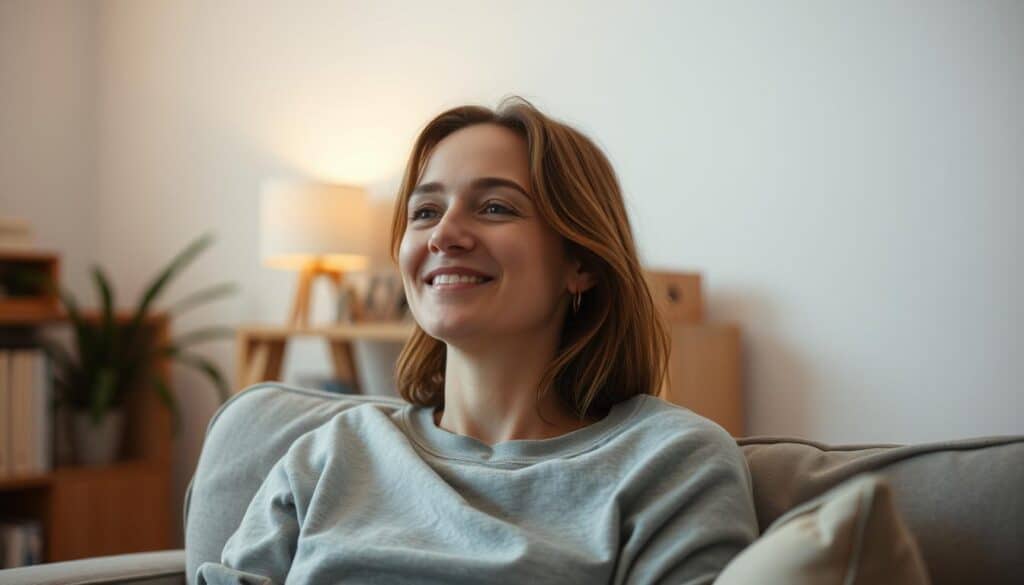 Person looking peaceful and relaxed after practicing self-care after work