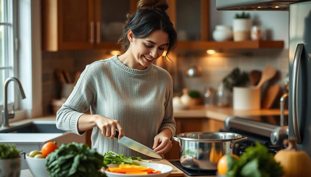 Person preparing a simple, nourishing meal as self-care after work