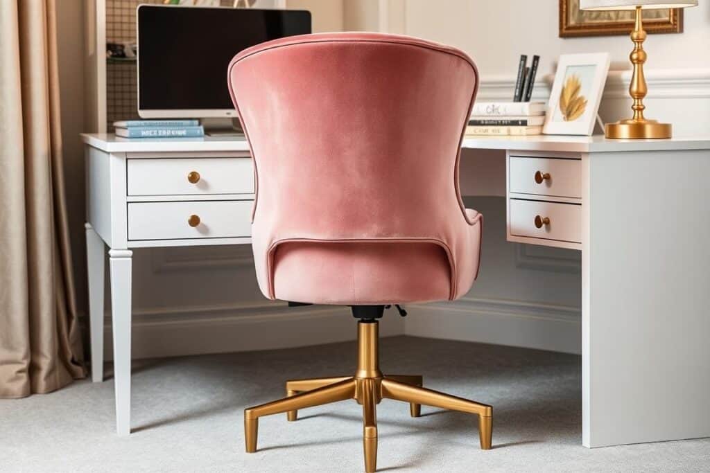 Plush velvet office chair in blush pink with gold legs Plush velvet office chair in blush pink with gold legs