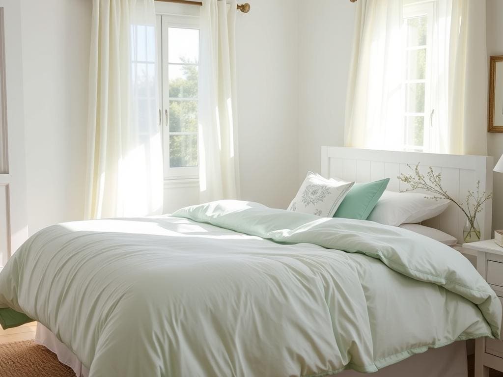 Spring coastal bedroom with seafoam green duvet, white sheets, and subtle floral accents