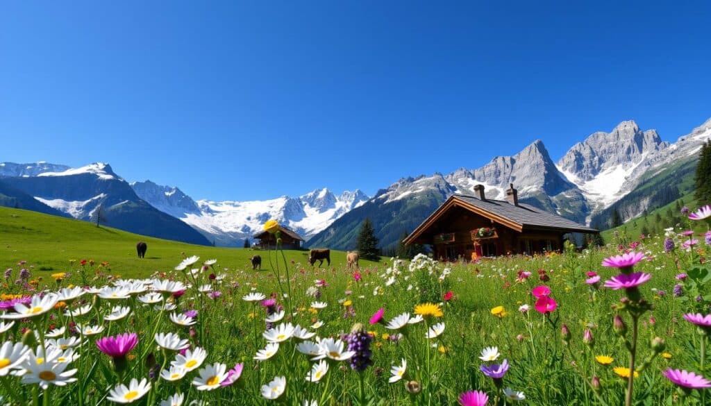 Swiss Alpine meadow with wildflowers and mountains in the background - 7-day Switzerland itinerary
