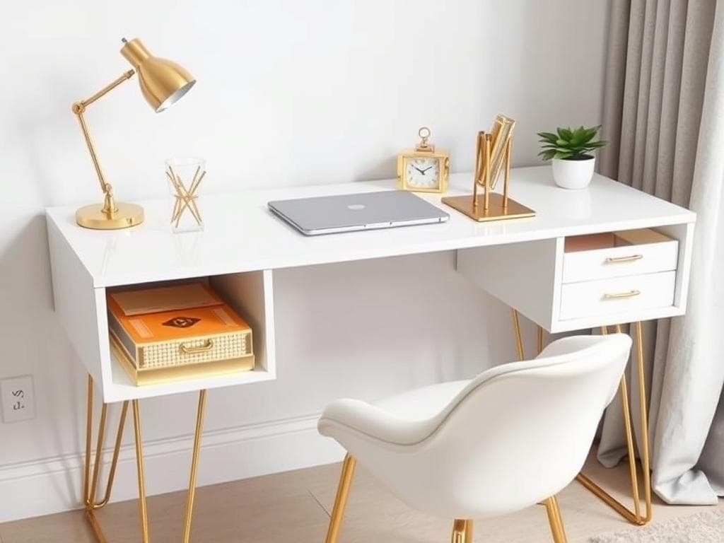 White desk with gold hairpin legs and organized accessories White desk with gold hairpin legs and organized accessories