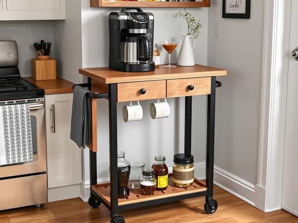 Yitahome rolling kitchen cart being used as a mobile farmhouse coffee bar