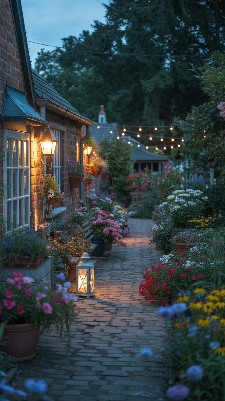 A beautifully lit cottage garden path with lanterns and vibrant flowers at dusk.