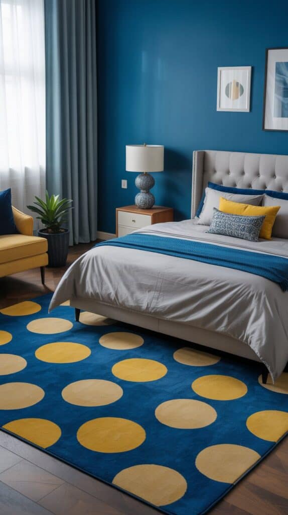 A blue and yellow bedroom featuring a vibrant area rug with large yellow circles on a blue background, complemented by stylish furniture and decor.