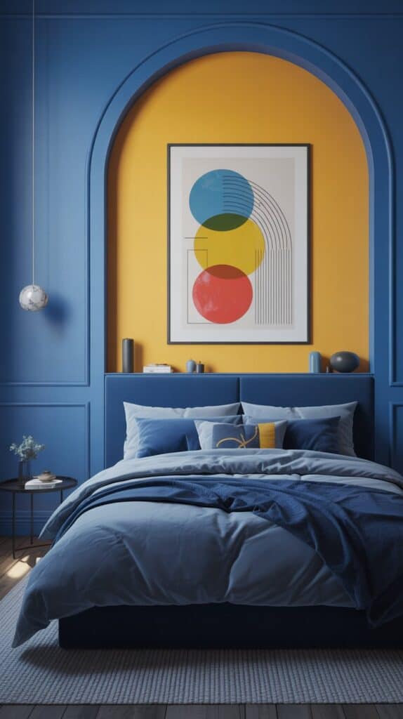 A blue bedroom with a yellow accent wall featuring modern art, a cozy bed with blue bedding, and a small side table.