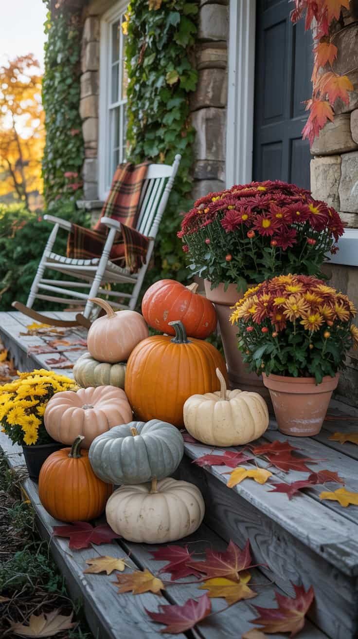 A charming autumn display featuring a variety of pumpkins and colorful chrysanthemums outside a cottage.