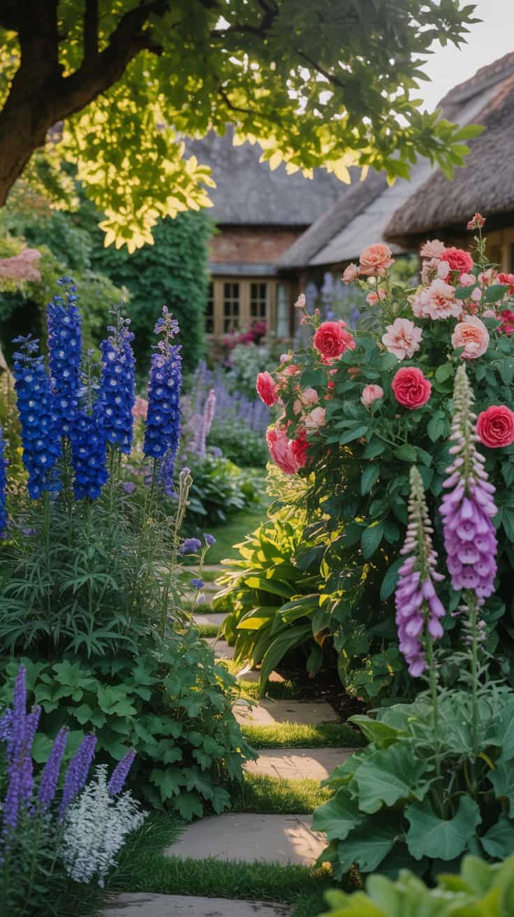 A vibrant English cottage garden featuring dramatic foliage and colorful flowers.