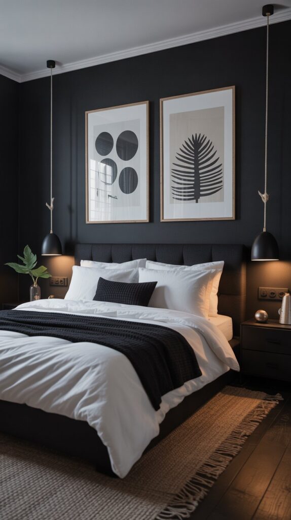 A minimalist black bedroom featuring black walls, white bedding, and modern decor.