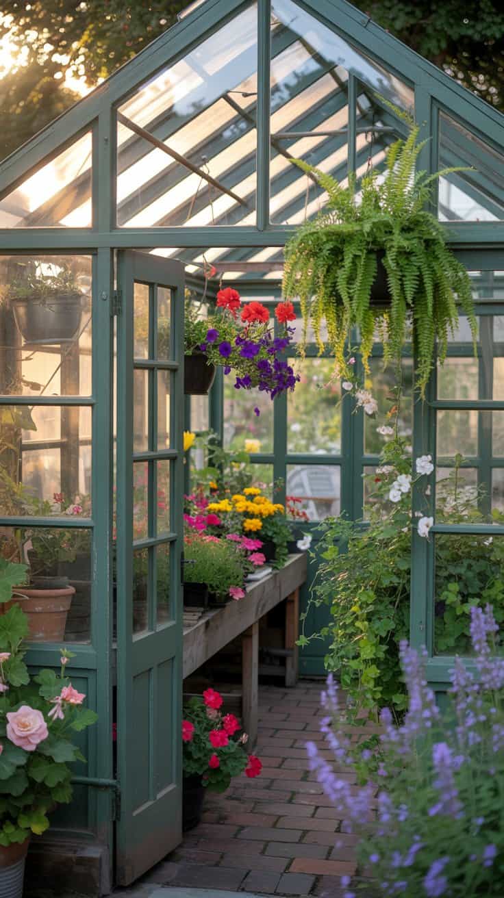 A cozy greenhouse filled with colorful flowers and greenery, featuring clear glass walls and a welcoming door.