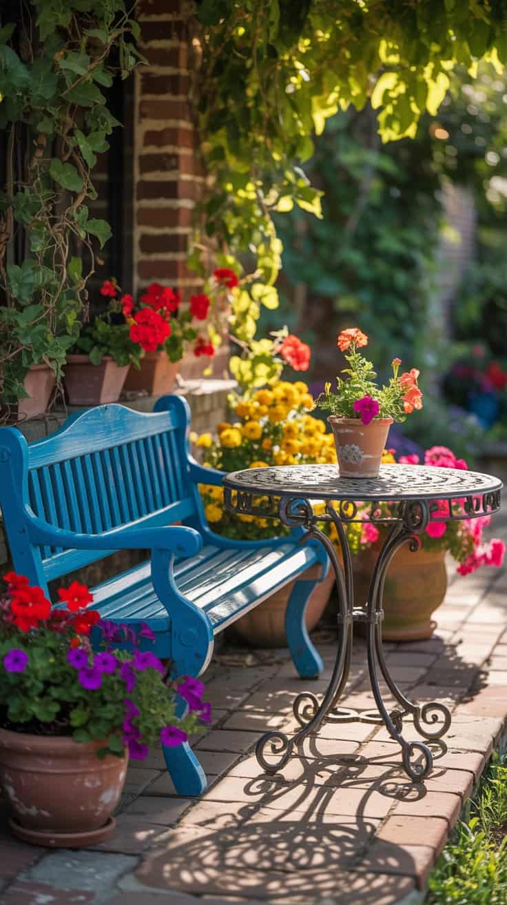 A sunlit seating area with a blue bench, wrought iron table, and vibrant flowers.