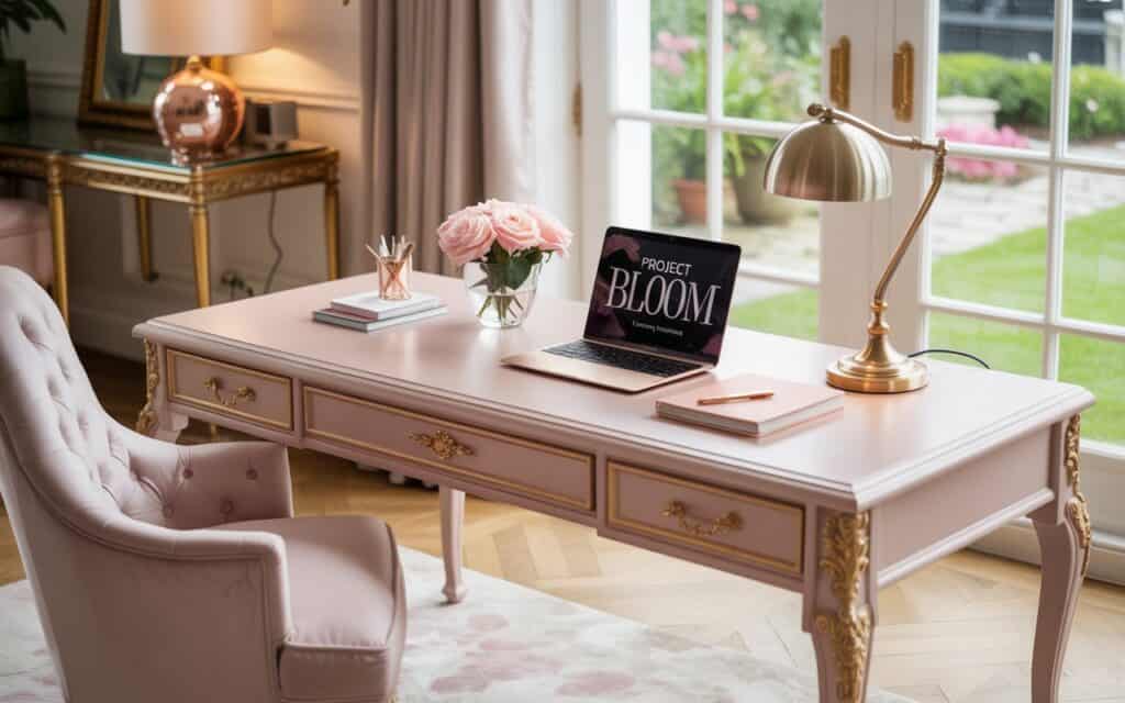 Professional yet glamorous office with balanced decor elements Professional yet glamorous home office with balanced decor elements
