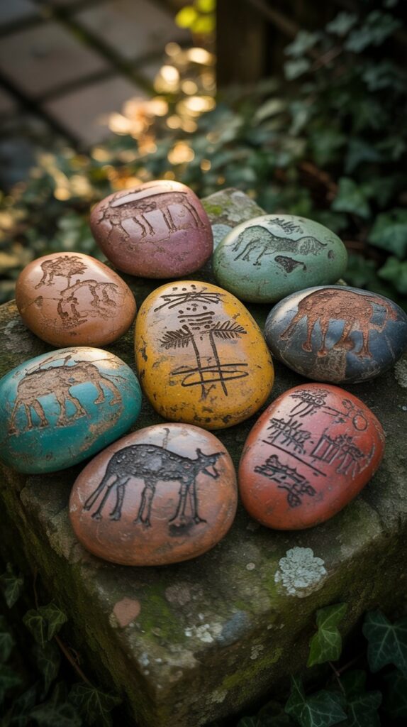 A photograph of a collection of weathered, colorful pebbles arranged artfully on a moss-covered stone surface. Each pebble exhibits a unique texture and vibrant hues of ochre, turquoise, and crimson, intricately etched with faded drawings of animals, geometric patterns, and ancient symbols, as if remnants of an old forgotten language. Sunlight filters through the foliage above, casting a warm glow that accentuates the pebbles’ details while the background shows a blurred vintage garden with overgrown ivy. The pebbles are illuminated from above creating dramatic shadows and highlighting the enduring beauty of nature's artistry.