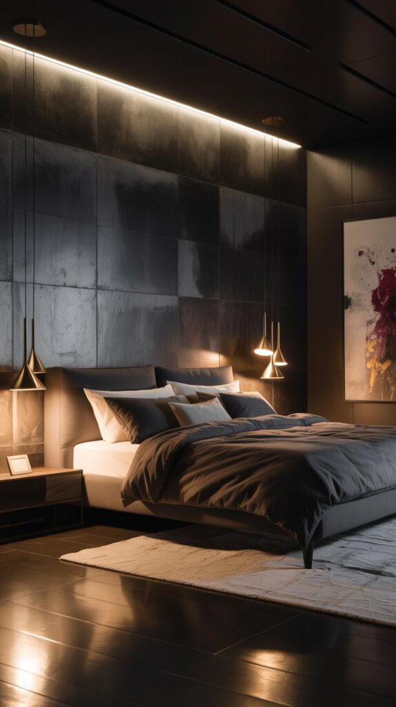 A dimly lit black bedroom featuring modern lighting fixtures and a bed with soft shadows on the wall.