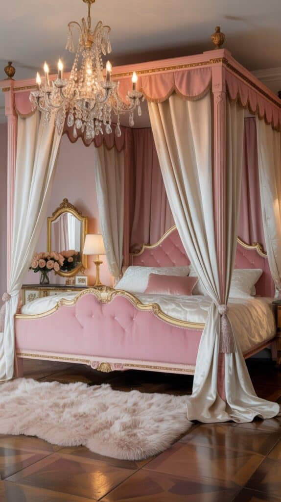 A pink canopy bed with elegant drapes, gold accents, and a chandelier in a sophisticated bedroom.
