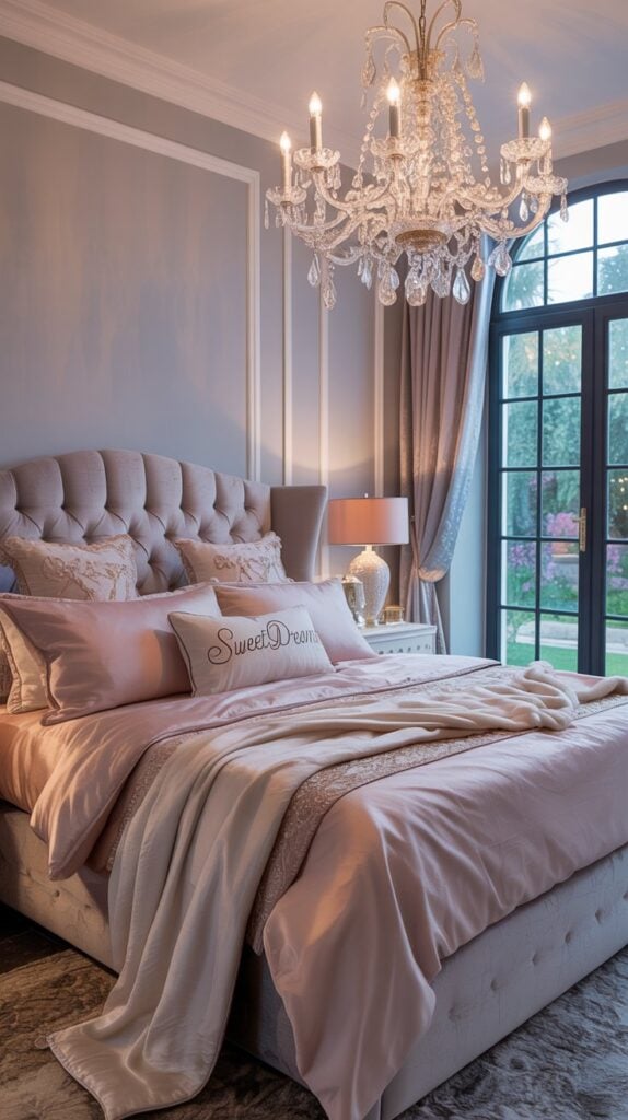 A sophisticated pink and gray bedroom featuring elegant decor and a luxurious chandelier.