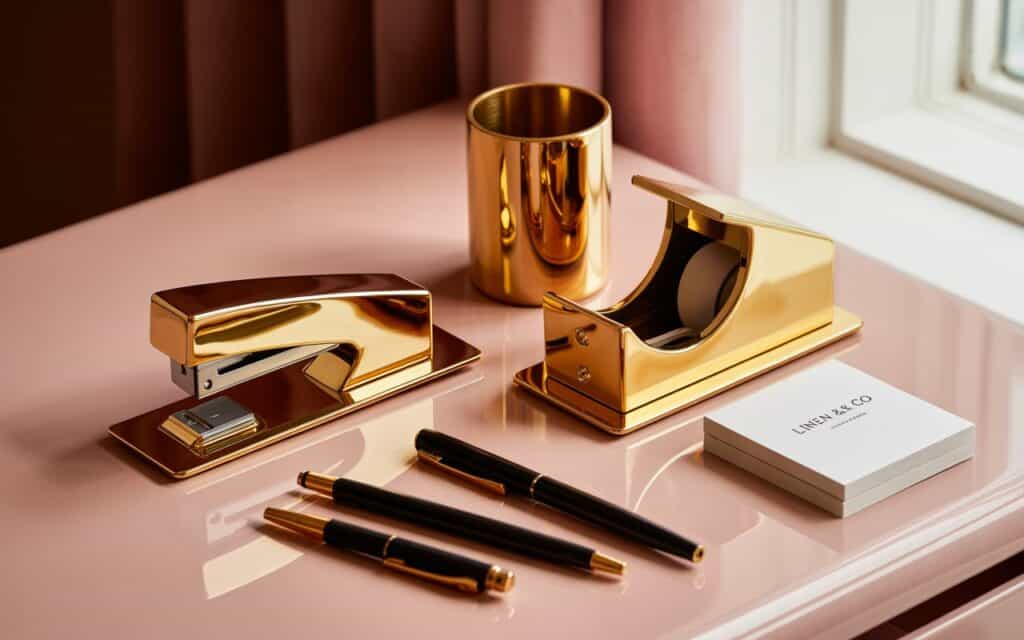 Gold desk accessories set including stapler, tape dispenser and pen holder Gold desk accessories set including stapler, tape dispenser and pen holder