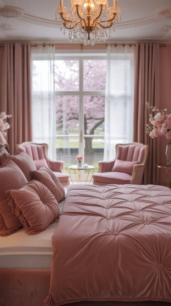 A pink velvet furnished bedroom featuring a tufted bed, elegant armchairs, and a chandelier.