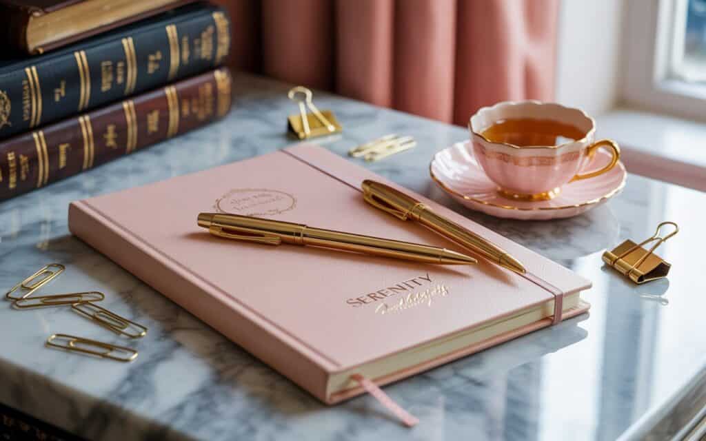 Luxury stationery set with gold pens and blush pink notebook Luxury stationery set with gold pens and blush pink notebook