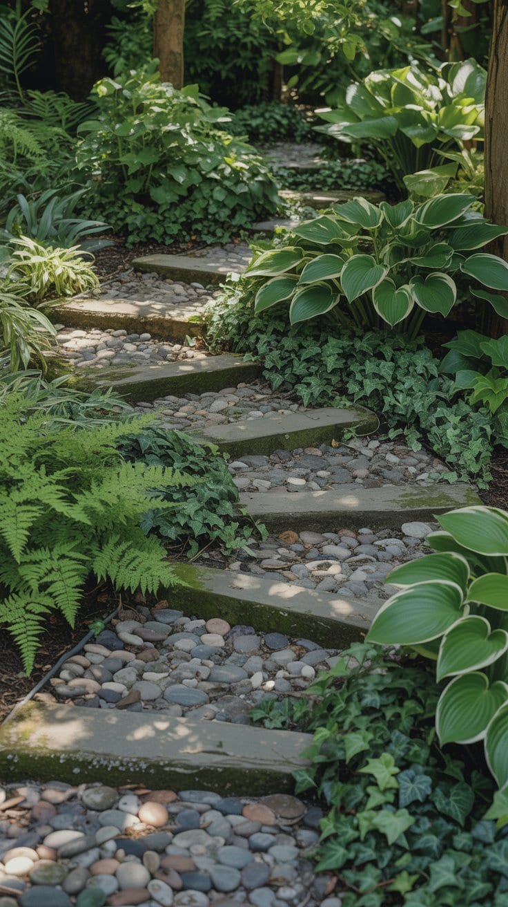 A winding gravel and pebble path surrounded by lush green plants in a garden.