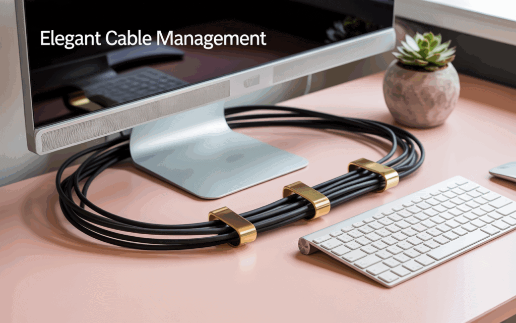 Elegant cable management with gold clips and organizers Elegant cable management with gold clips and organizers