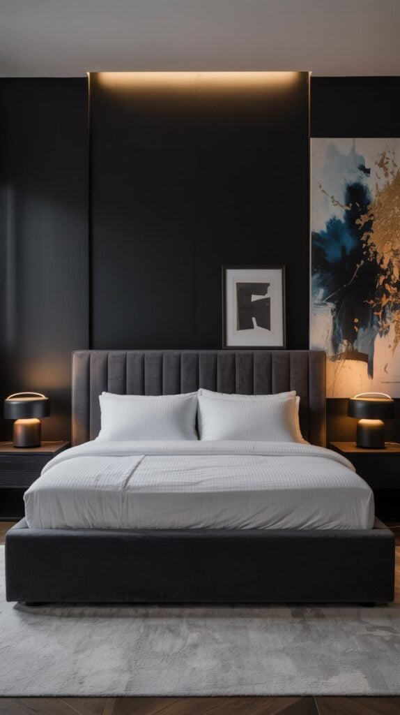 A modern black bedroom featuring a sleek bed, nightstands, and artwork on the walls.