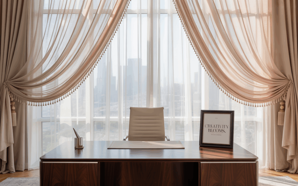 Elegant sheer curtains filtering light into a glamorous office Elegant sheer curtains filtering light into a glamorous office