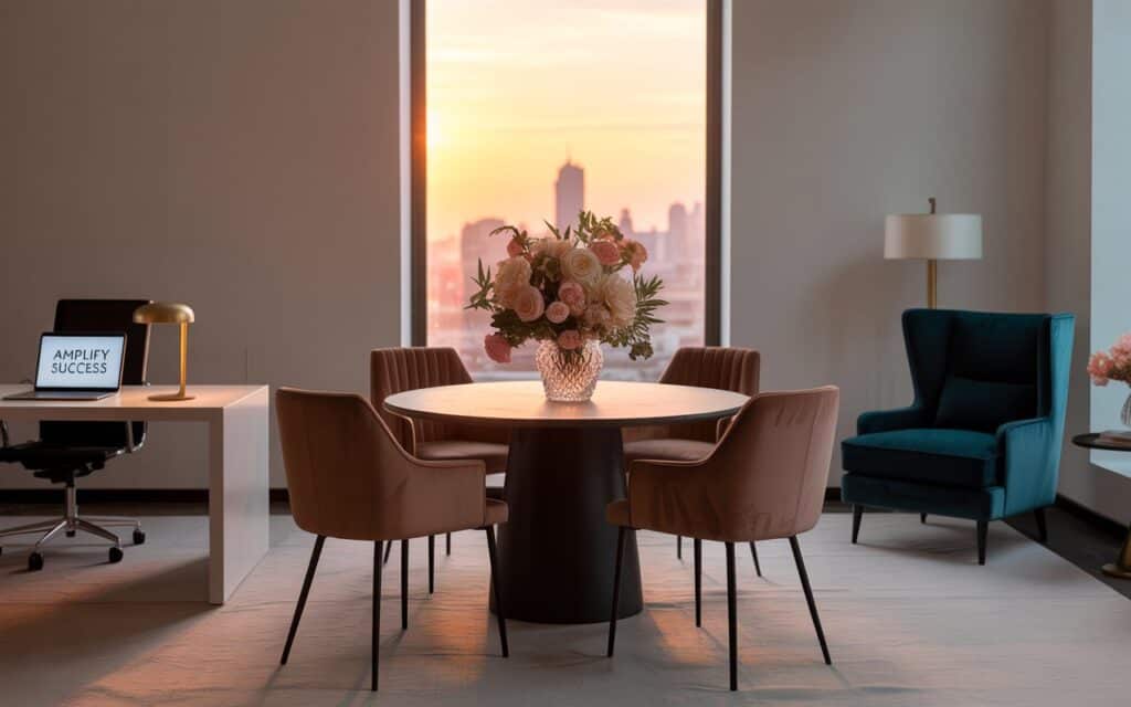 Office with distinct work and meeting zones featuring glamorous touches Office with distinct work and meeting zones featuring glamorous touches