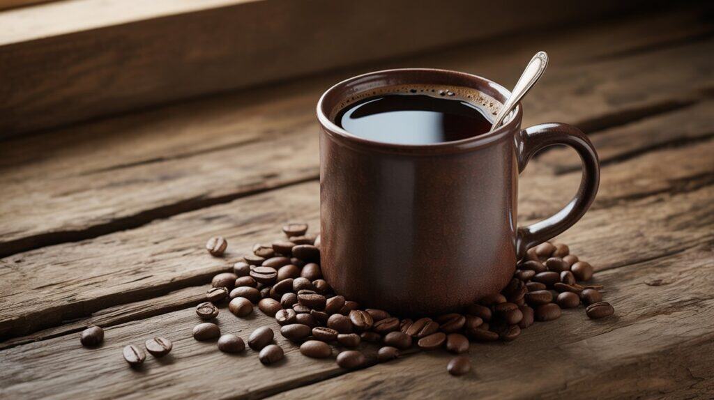 A steaming mug of coffee sits on a wooden table, its surface slightly rippled, hinting at a temperature misjudgment. The cup's exterior has a subtle gradient, transitioning from a deep, rich brown to a lighter, almost ochre hue, conveying the uneven heat distribution. Surrounding the mug, a scattering of coffee beans and a small spoon reflect the morning ritual, yet the beans' uneven arrangement suggests a hasty, careless preparation. Soft, diffused lighting from a nearby window casts gentle shadows, creating a contemplative, almost melancholic atmosphere, as if the viewer is caught in a moment of realization about the temperature mistake.