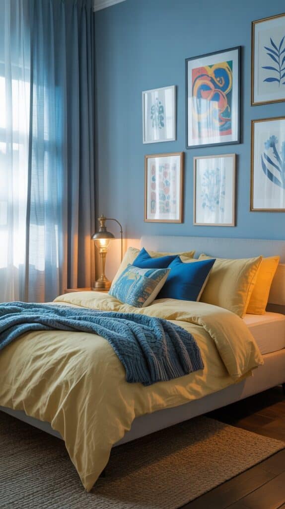 A cozy blue and yellow bedroom featuring a bed with yellow bedding, blue pillows, and colorful wall art.