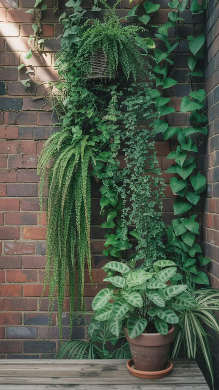 A lush green wall of cascading plants over a brick surface, with a potted plant in the foreground.