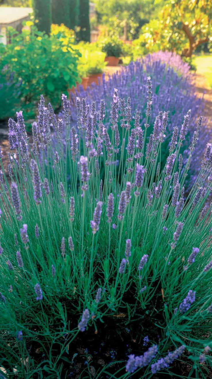 Lavender flowers in a garden, showcasing their vibrant purple color and lush green foliage.