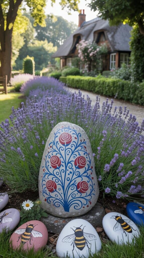 A photograph showcasing a single, weathered grey stone painted with intricate red and blue floral patterns nestled amongst a vibrant bed of blooming lavender in an English cottage garden. The painted stone displays a detailed design of swirling blue vines and stylized red roses, partially obscured by delicate lavender blossoms and a few scattered white daisies. Surrounding the focal stone, a gently winding path is lined with smaller painted stones depicting bumblebees and songbirds, while in the distance, a charming thatched cottage is adorned with climbing roses and framed by lush green hedges. Soft, diffused golden sunlight filters through the trees, casting gentle shadows and illuminating the scene with a tranquil and inviting warmth.
