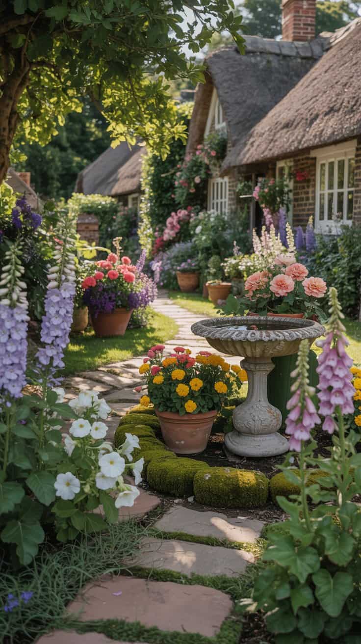 A charming English cottage garden with a stone pathway, colorful flowers in pots, and a birdbath.