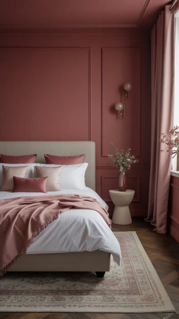 A stylish bedroom featuring rich raspberry walls, neutral bedding, and elegant decor.