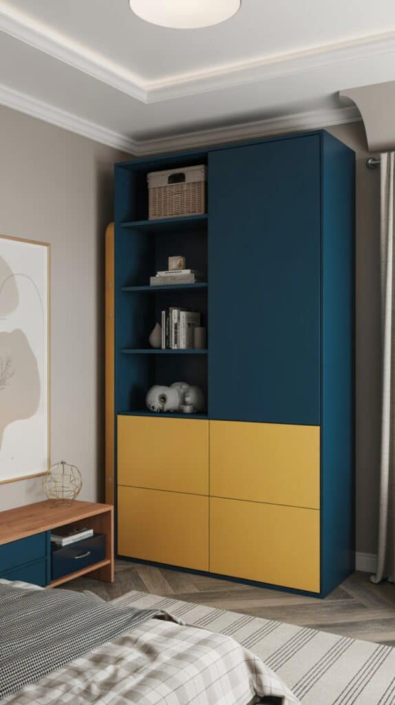 A stylish blue and yellow storage cabinet in a modern bedroom