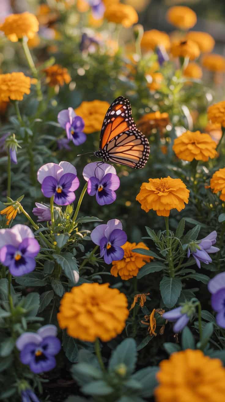 A colorful garden with yellow and purple flowers and a butterfly hovering over them.