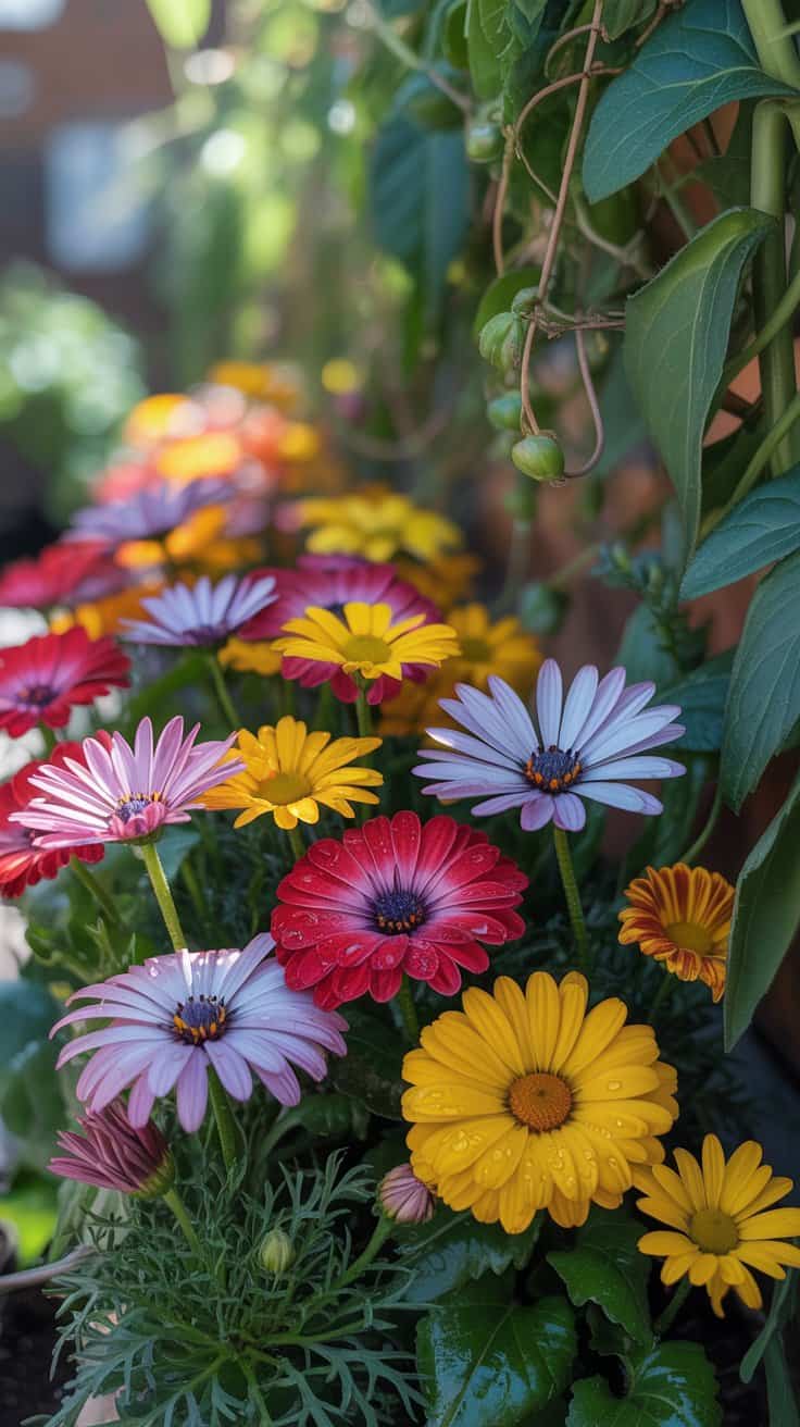 A vibrant display of colorful edible flowers, including red, yellow, and purple daisies, in a lush garden setting.