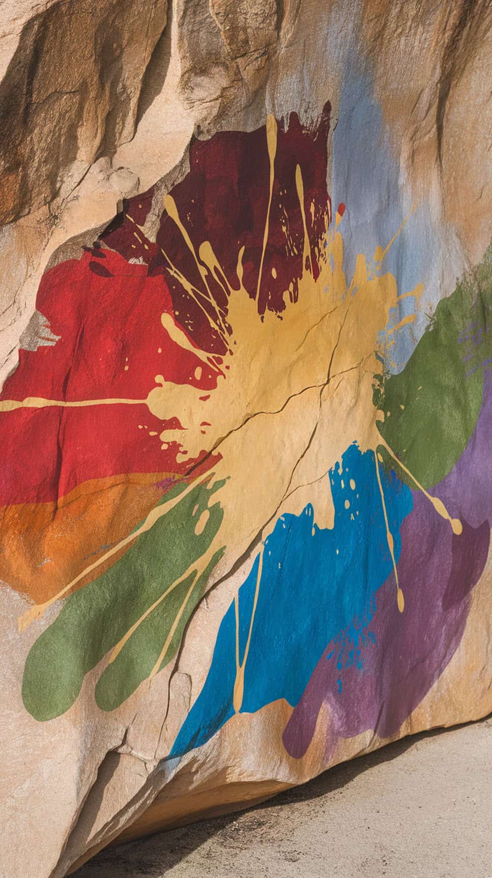 Colorful abstract rock painting with splashes of red, yellow, green, and blue.