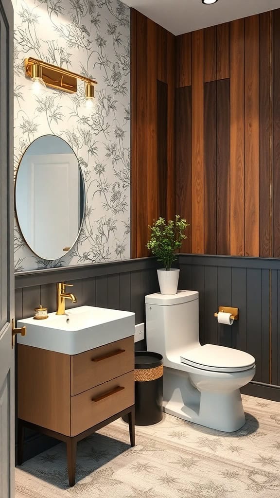 A beautifully designed bathroom featuring a mix of wood paneling and floral wallpaper, with modern fixtures and a stylish mirror.