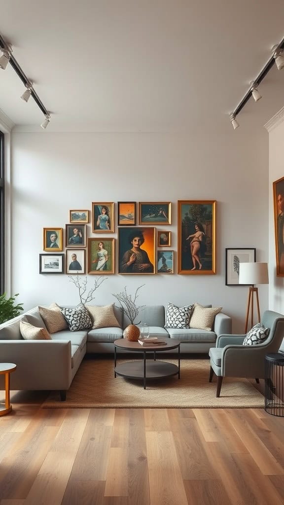 Living room with a gallery wall featuring various framed artworks, a cozy sectional sofa, and a coffee table.