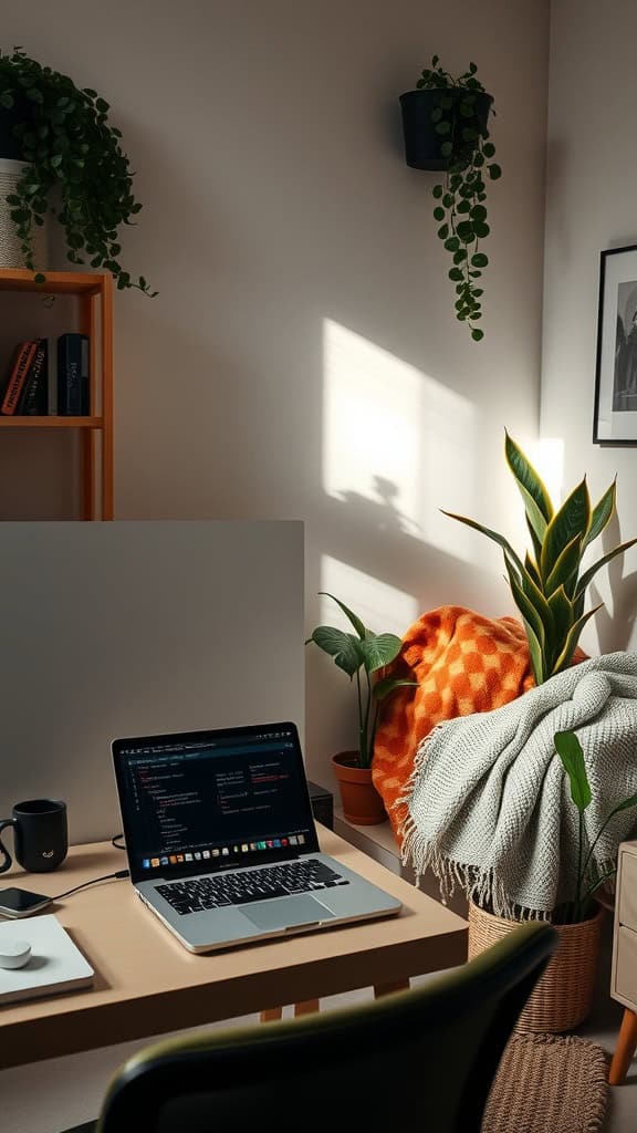 A cozy workspace with a laptop, plants, and a warm blanket, symbolizing balance between work and self-care.