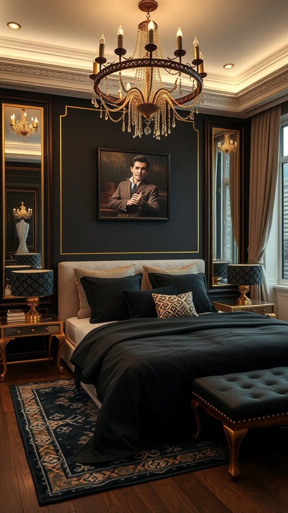 A luxurious black and gold themed bedroom with elegant decor and lighting.