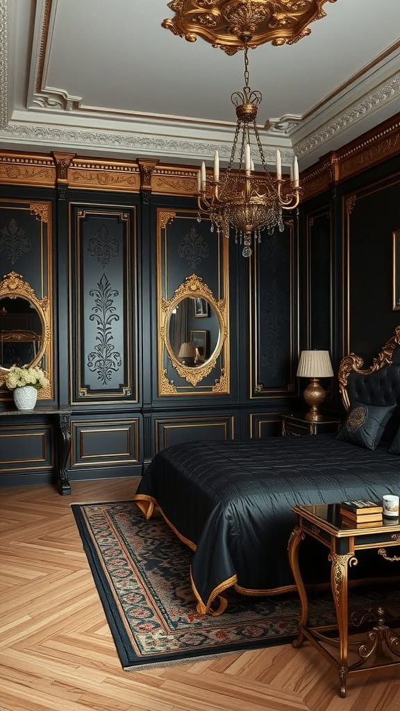 A luxurious black and gold bedroom featuring ornate details, a chandelier, and elegant furnishings.