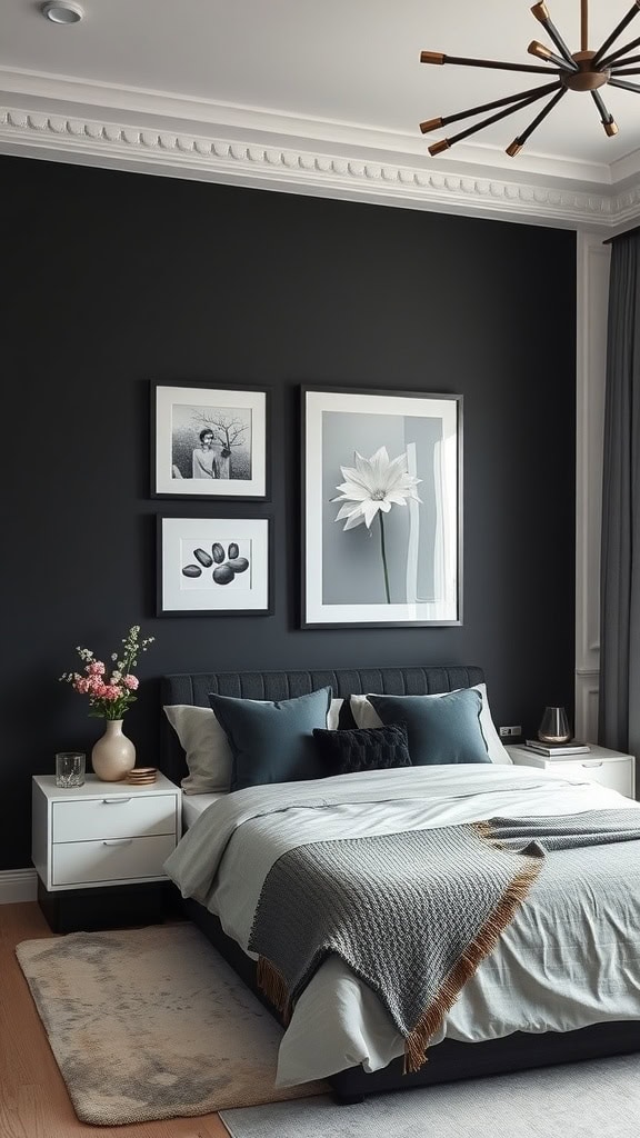 A stylish bedroom featuring a bold black accent wall, light bedding, and framed artwork.