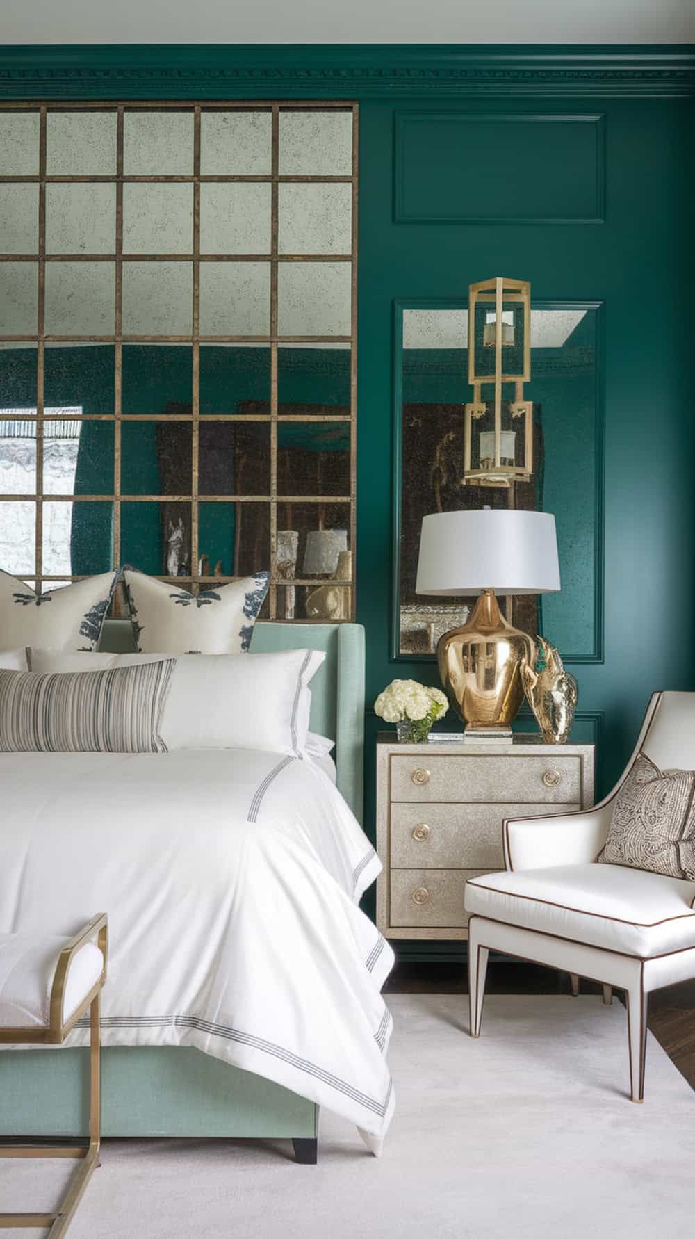 A luxurious bedroom featuring bottle green walls, a large mirror, white bedding, and elegant decor.