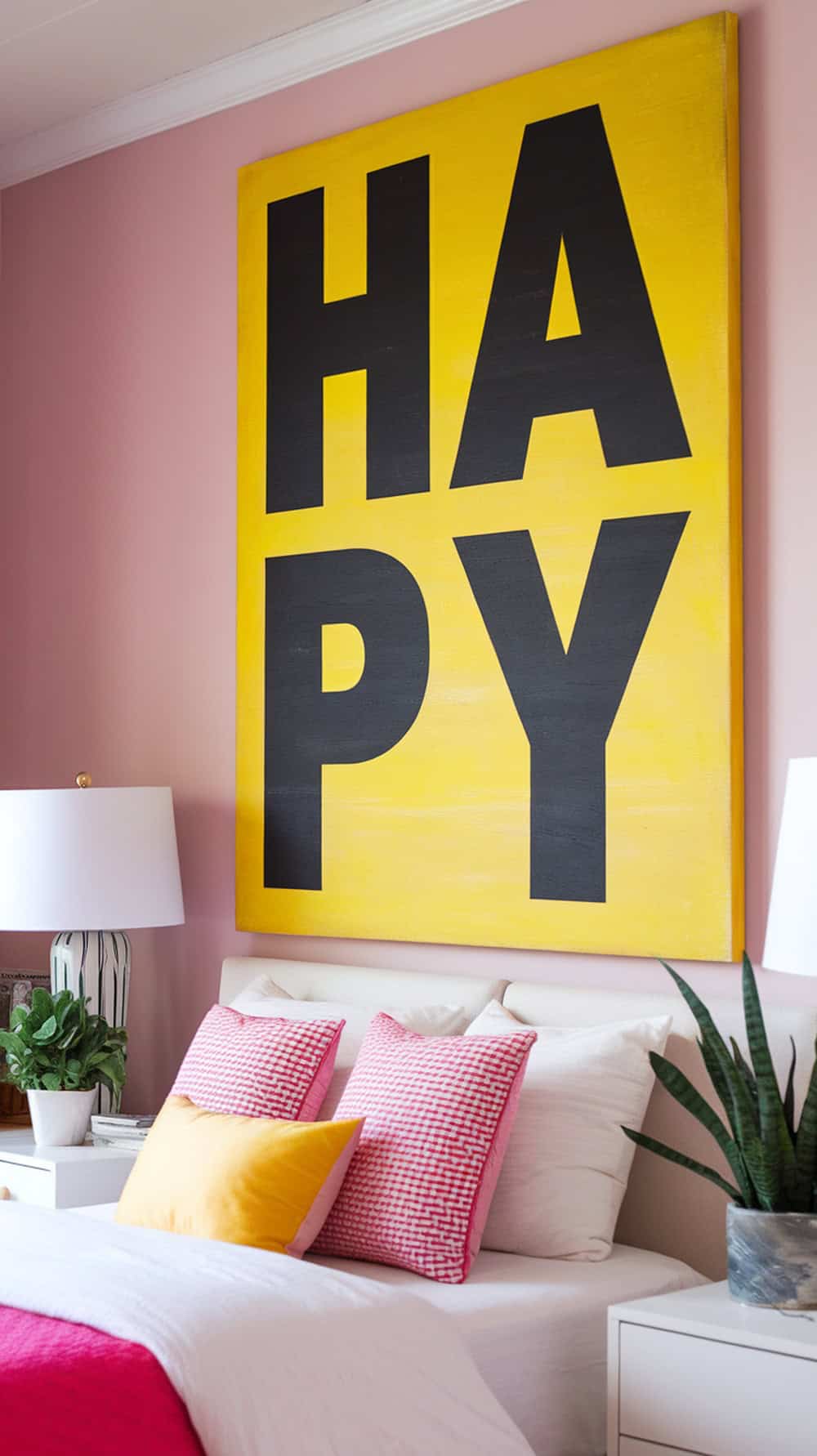 A bright yellow artwork with the word 'HAPPY' in bold black letters on a pink wall in a bedroom.