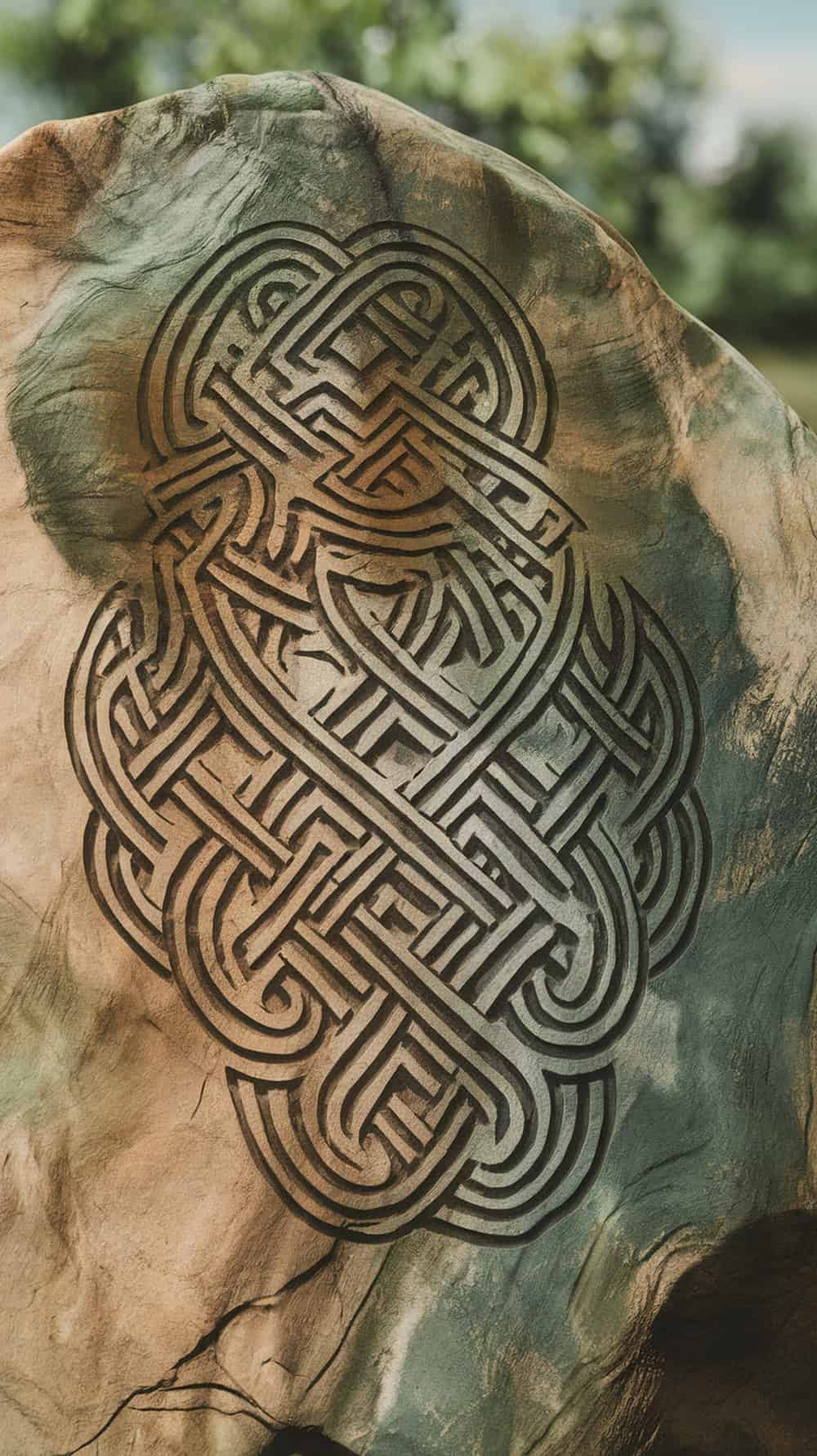 A rock featuring an intricate Celtic knot design carved into its surface.